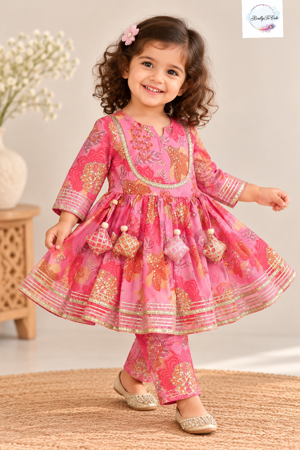 Pretty in Pink Floral Peplum Kurti & Pant Set for Girls