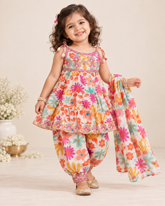 Girls Multicolor Printed Pure Cotton kurti pant Set with Dupatta | Festive Ethnic Wear
