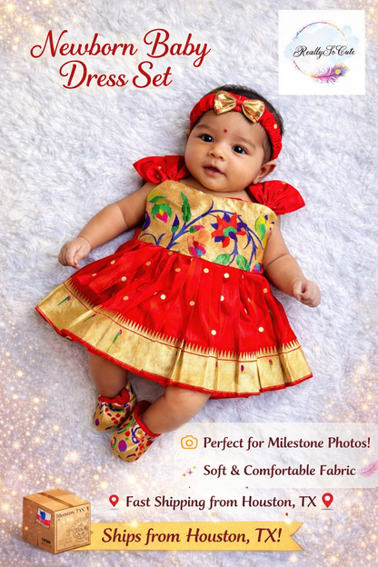 Newborn paithani naming dress set, Indian baby shower gift, annaprasanna set
