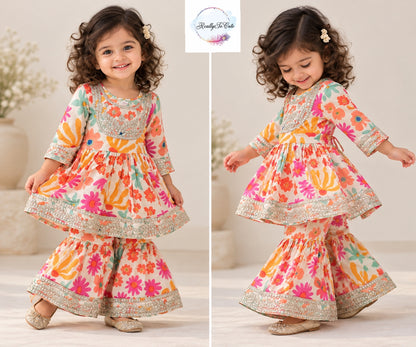 Girls Multicolor Floral Print Pure Cotton Kurti & Sharara Set with Mirror Work | 1–5 Years