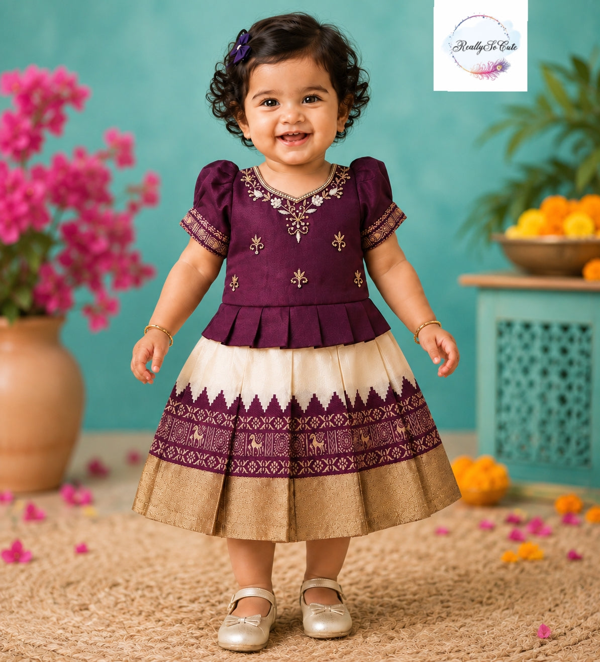 Deep Plum & Ivory Pattu Baby Girl Dress with Handwork | Semi Silk
