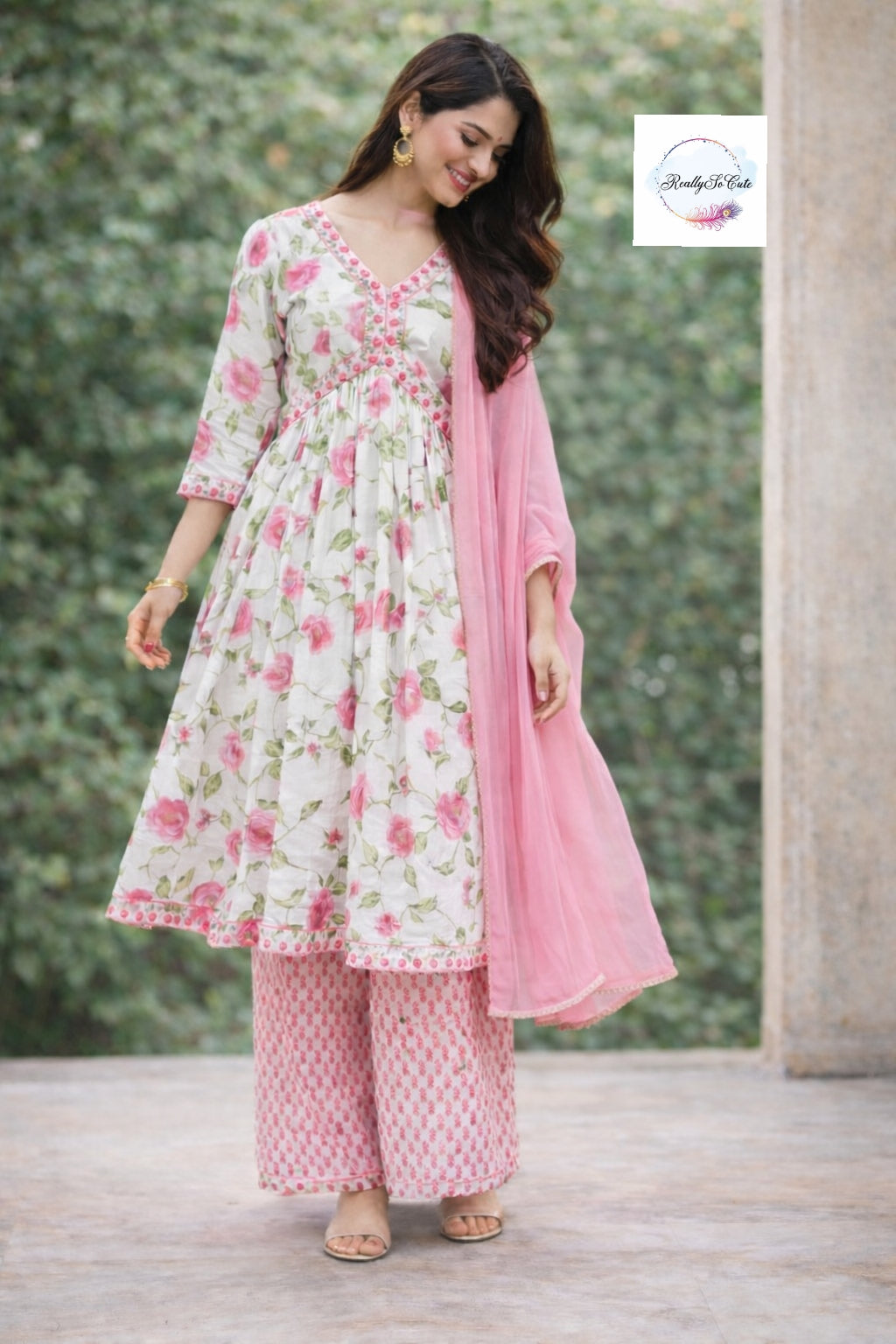 Soft Rose Floral Cotton Anarkali Set for Women (Mom Only) | Matching Mom & Me Outfit