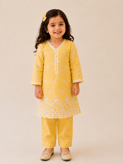 Buttercup Yellow Girls Kurta Sharara Set | Pure Cotton Festive Wear | Sibling Matching Outfit | 3M–15Y