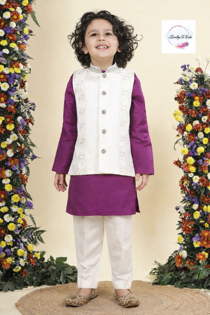 Royal Amethyst Chanderi Silk Kurta Set for Boys – Purple Floral Jacket & Ivory Pajama | Sibling Combo Available