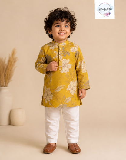 Mustard Floral Pure Cotton Boys Kurta Pajama Set | Sibling Matching Collection