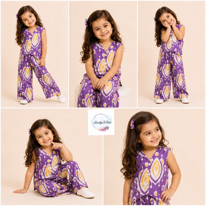 Purple Ikat Print Girls Cotton vest style Co-Ord Set | Sleeveless Ethnic Wear for Kids 3M–13Y