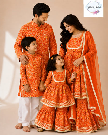 Orange Bandhani Print Boys Kurta Pajama Set in Soft Cotton, Kids Bandhani Outfit USA