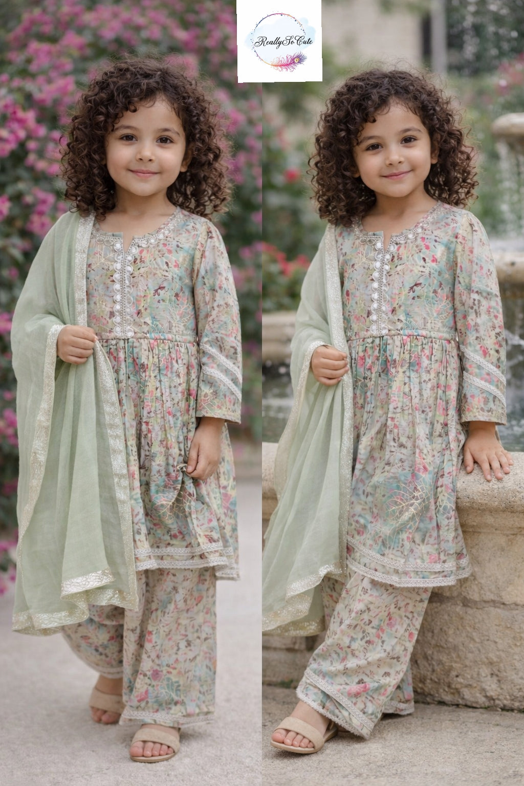 Sage green Muslin Kurta Set for Girls with Pockets | Soft Floral Ethnic Wear (3M–14Y)