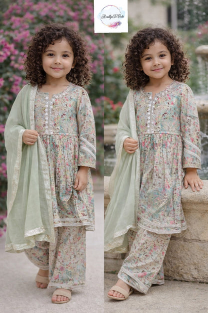 Sage green Muslin Kurta Set for Girls with Pockets | Soft Floral Ethnic Wear (3M–14Y)