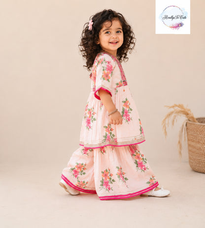 Blush Pink Floral Cotton Sharara Set for Girls | Embroidered Ethnic Wear with Tassel Tie | Sizes 3M–10 Years