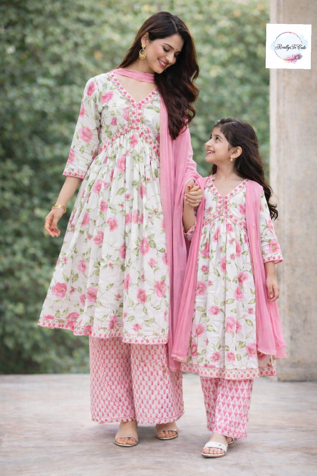 Soft Rose Floral Cotton Anarkali Set for Women (Mom Only) | Matching Mom & Me Outfit