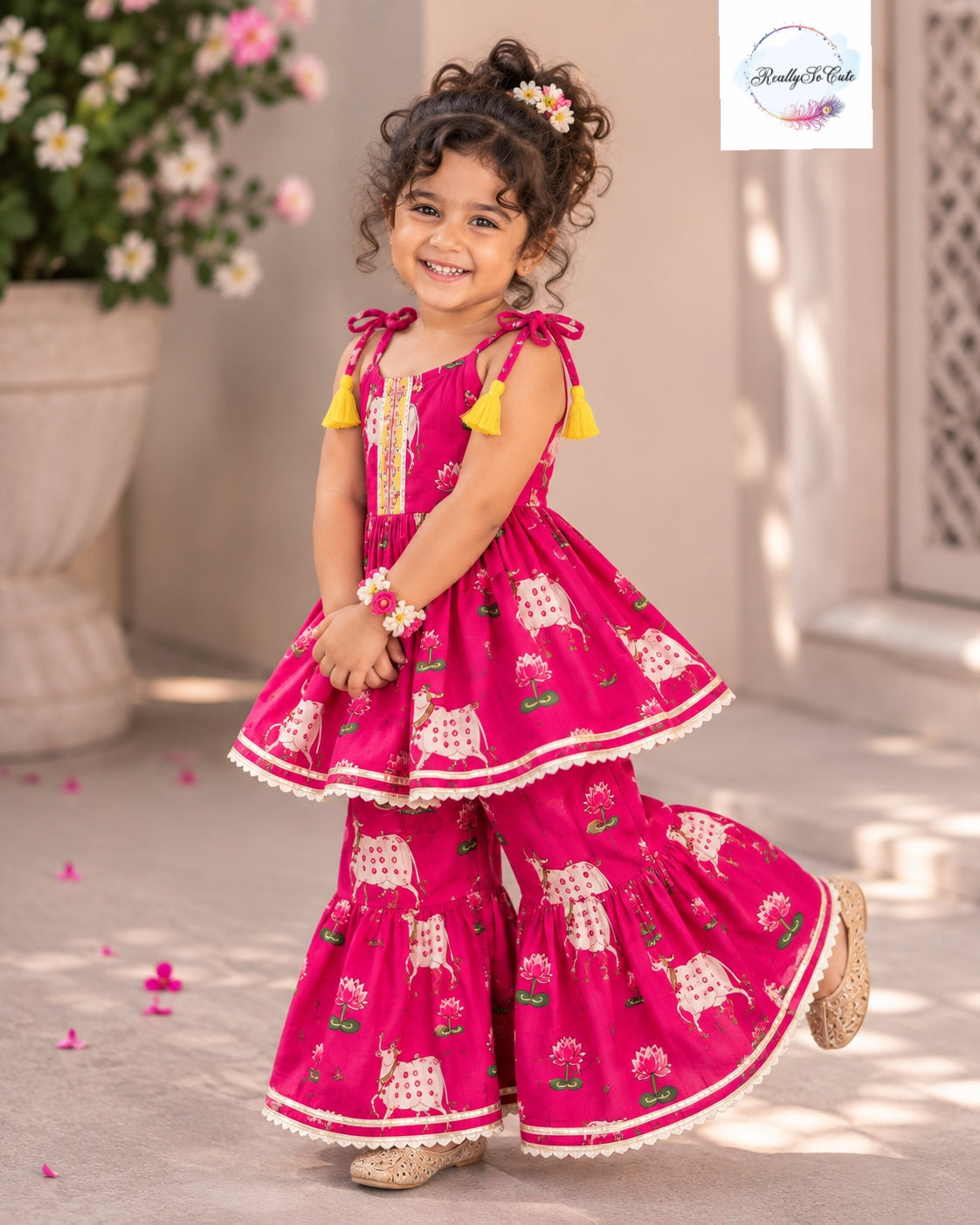 Pichwai Floral Print Pure Cotton Girls Sharara Set – pink | 1–6 Years