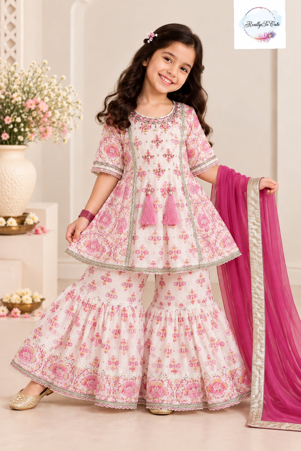 Girls Pink Floral Pure Cotton Sharara Set with Dupatta | Kids Ethnic Wear