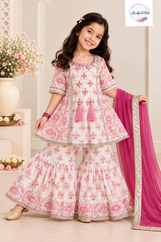 Girls Pink Floral Pure Cotton Sharara Set with Dupatta | Kids Ethnic Wear