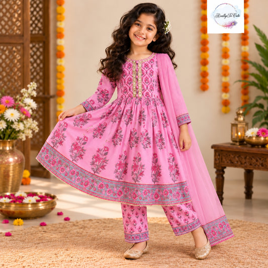 Pink Floral Pure Cotton Anarkali Set with Dupatta – Girls