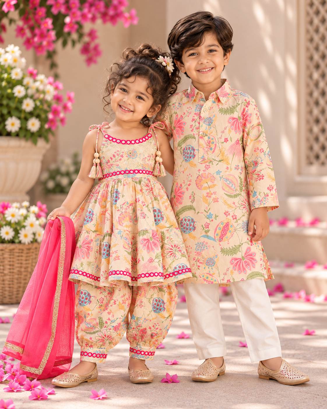 Boys Pure Cotton Floral Kurta Pajama | Sibling Matching Set