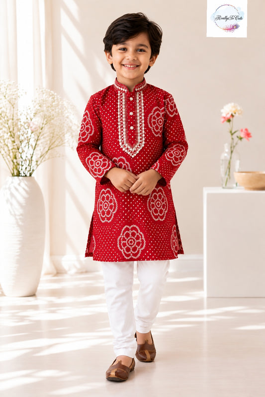 Red Bandhani Pure Cotton Kurta Pajama Set for Boys | Ages 6M-15 Y