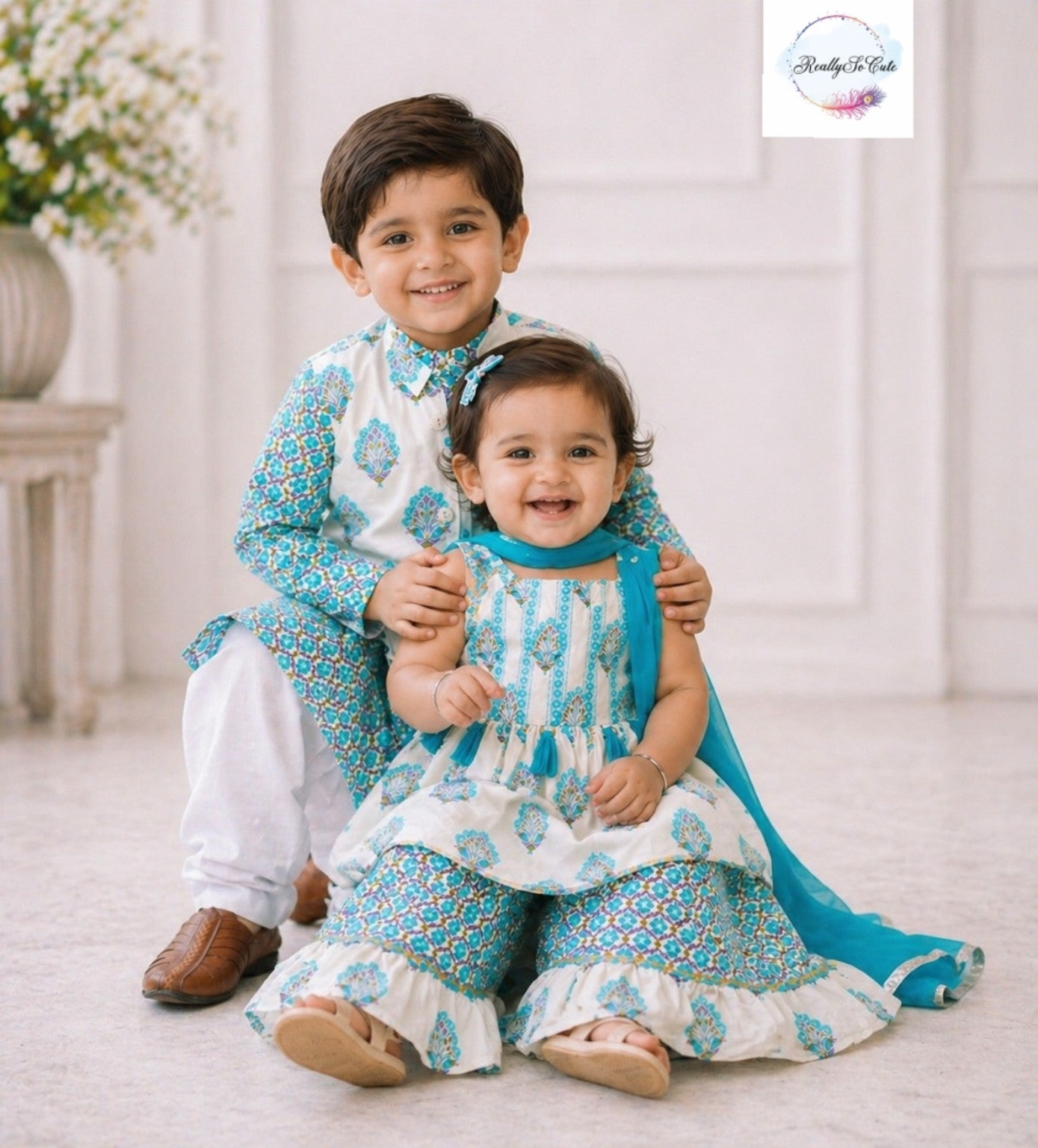 Aqua Blue block print jacket kurta pajama set, boy kurta pajama