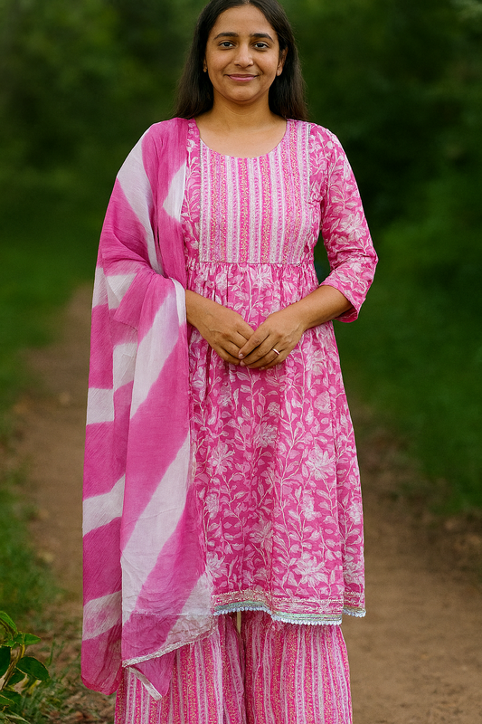 Soft cotton kurti sharara set, pink mom and me set