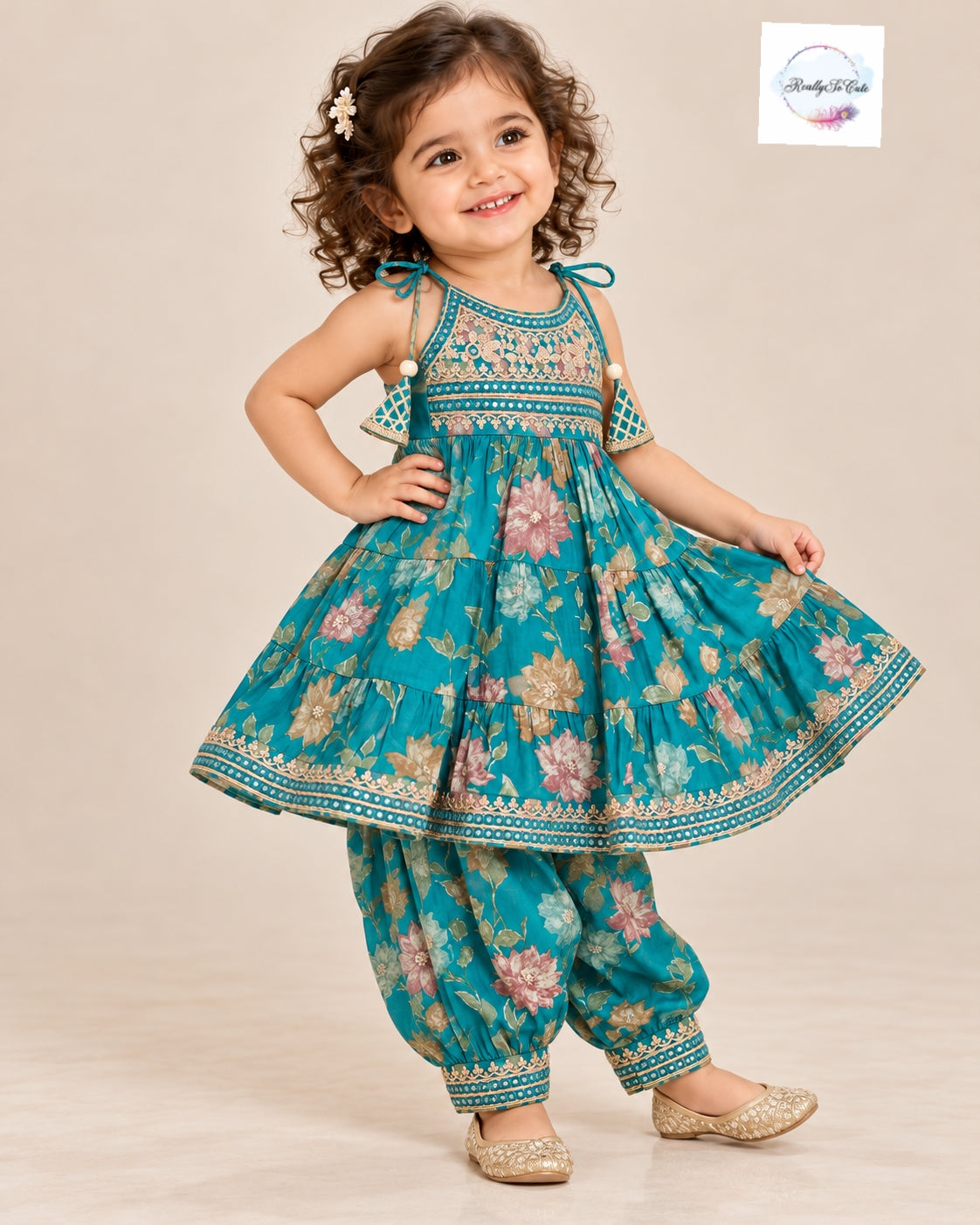 Girls Teal Green Floral Muslin Cotton Kurti with Afghani Pants Set | Ethnic Wear