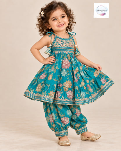 Girls Teal Green Floral Muslin Cotton Kurti with Afghani Pants Set | Ethnic Wear