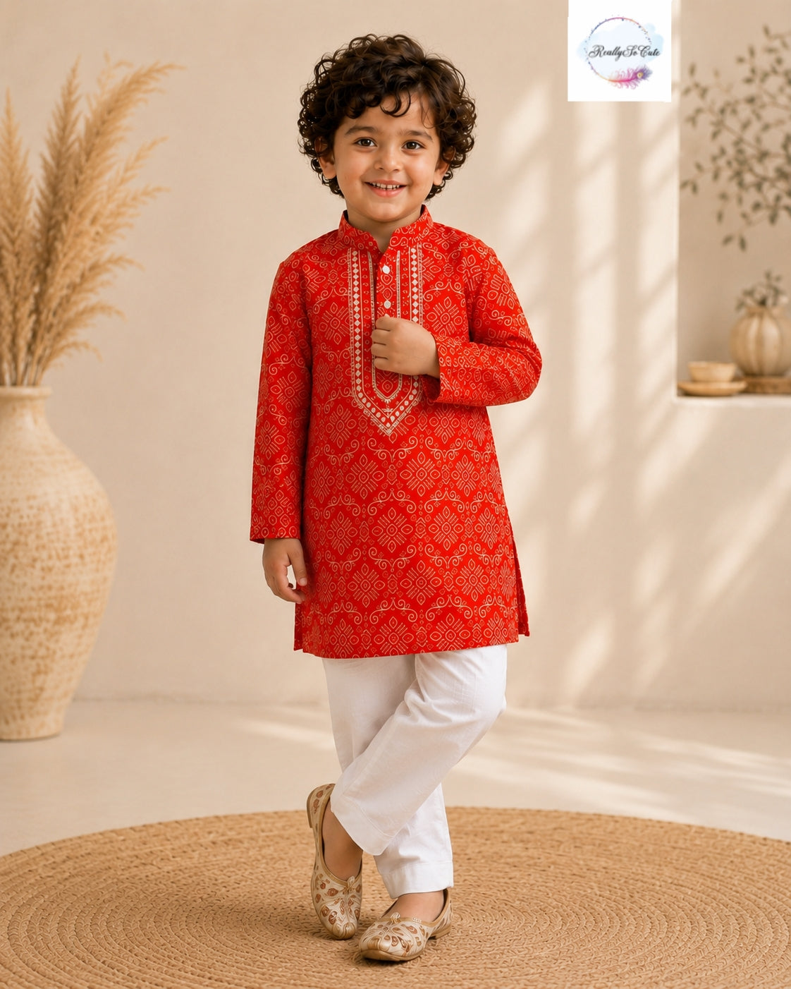 Rust Pure Cotton Mirror Work Kurta Pajama Set for Boys
