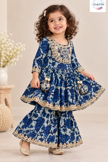 Indigo Blue Printed Girls Sharara Set with Gold Embroidery | Traditional Ethnic Wear