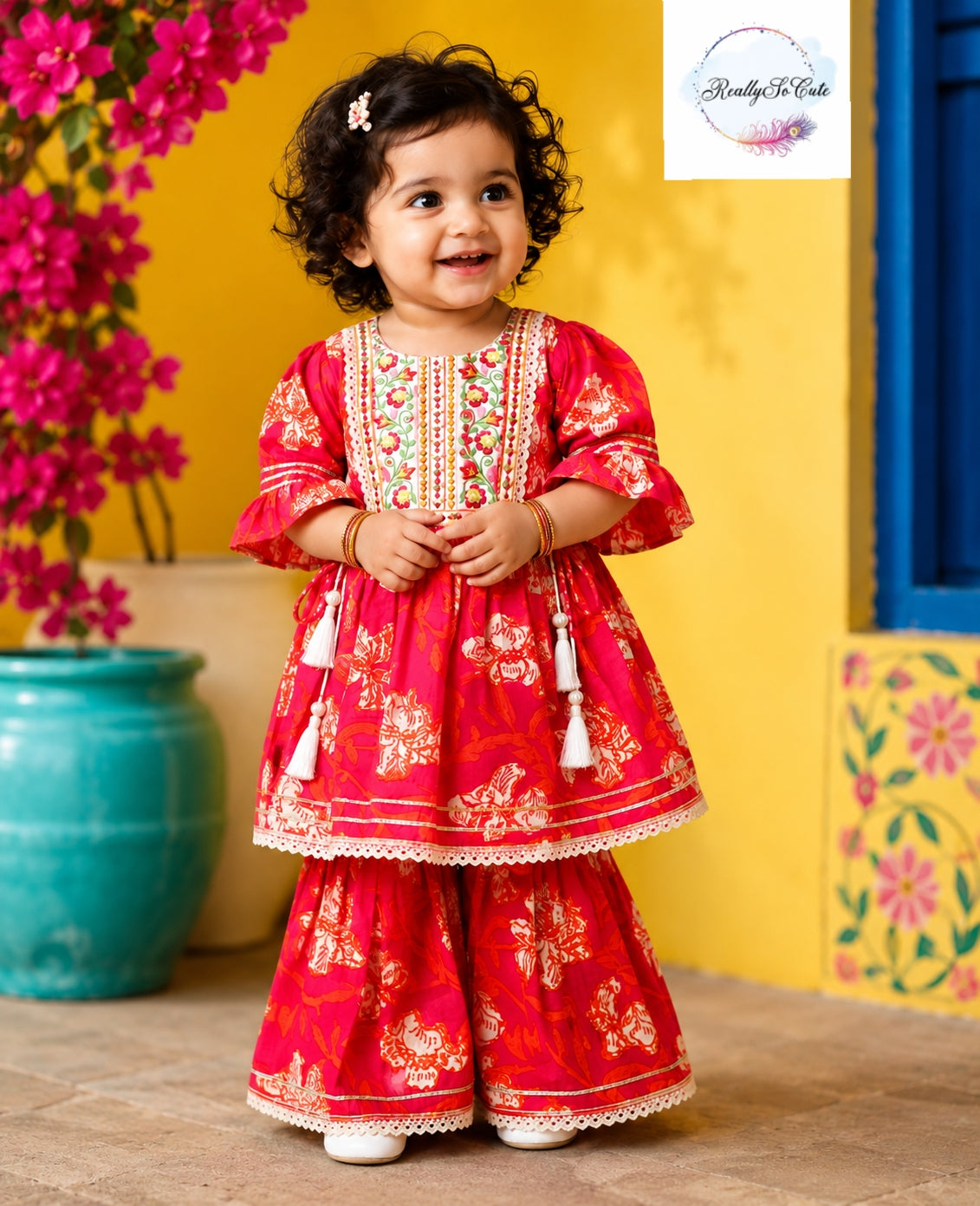 Dark pink Floral Cotton Sharara Set for Girls | Embroidered Ethnic Wear with Tassel Tie | Sizes 3M–10 Years |