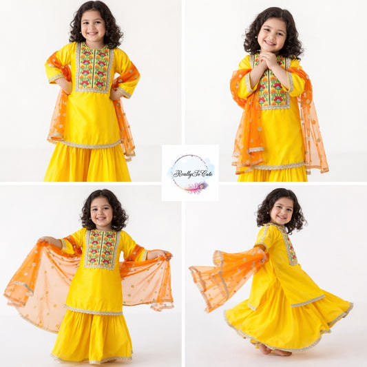 Yellow chanderi kurti sharara dupatta set, Muslin silk kurta sharara