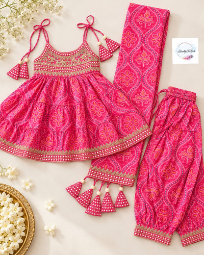 Pink Bandhani Muslin Cotton Afghan Salwar Set, sibling combo