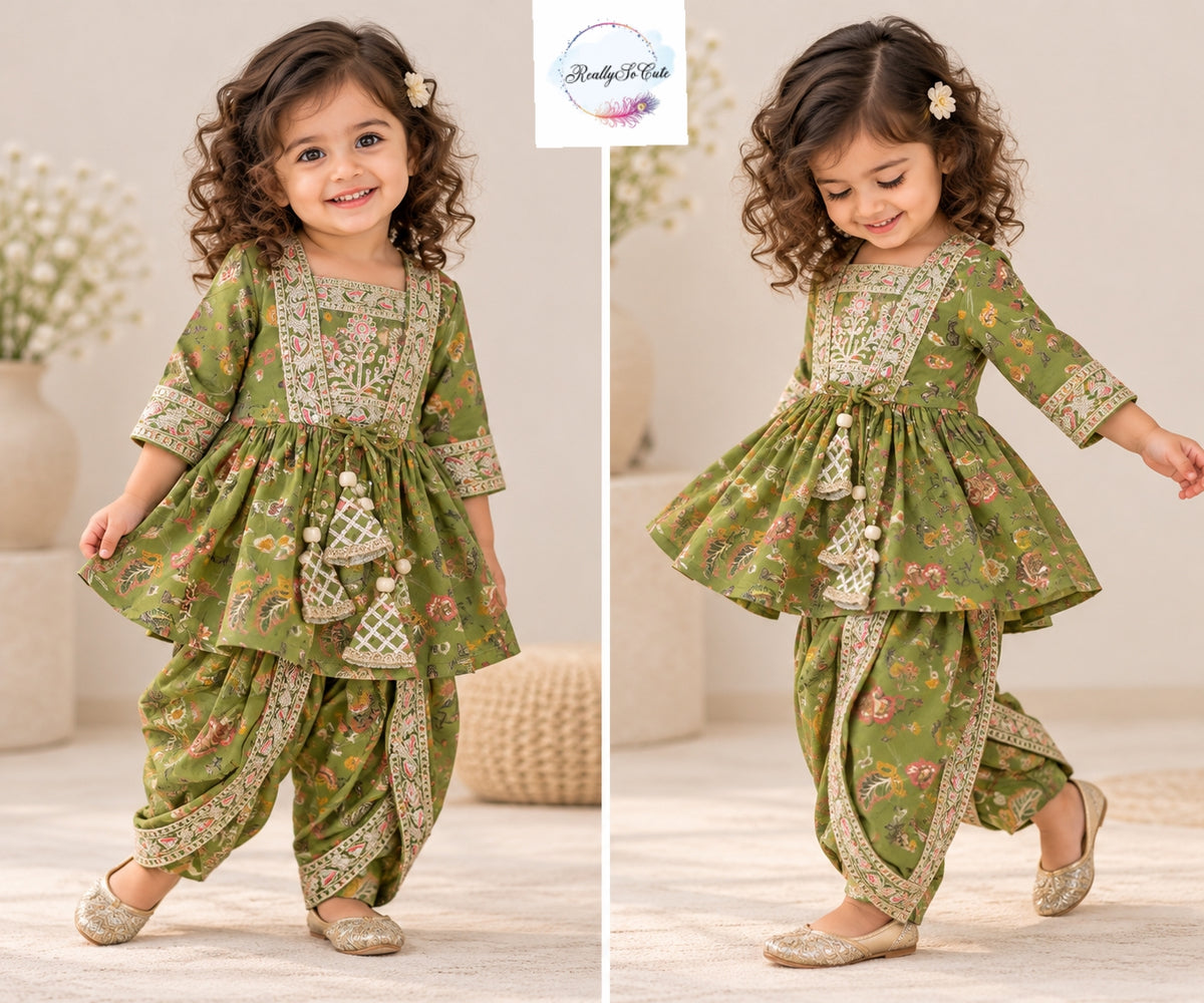 Olive Green Floral Muslin Girls Dhoti Set with Embroidered Jacket & Crop Top