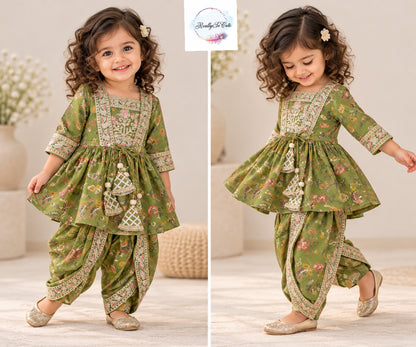 Olive Green Floral Muslin Girls Dhoti Set with Embroidered Jacket & Crop Top