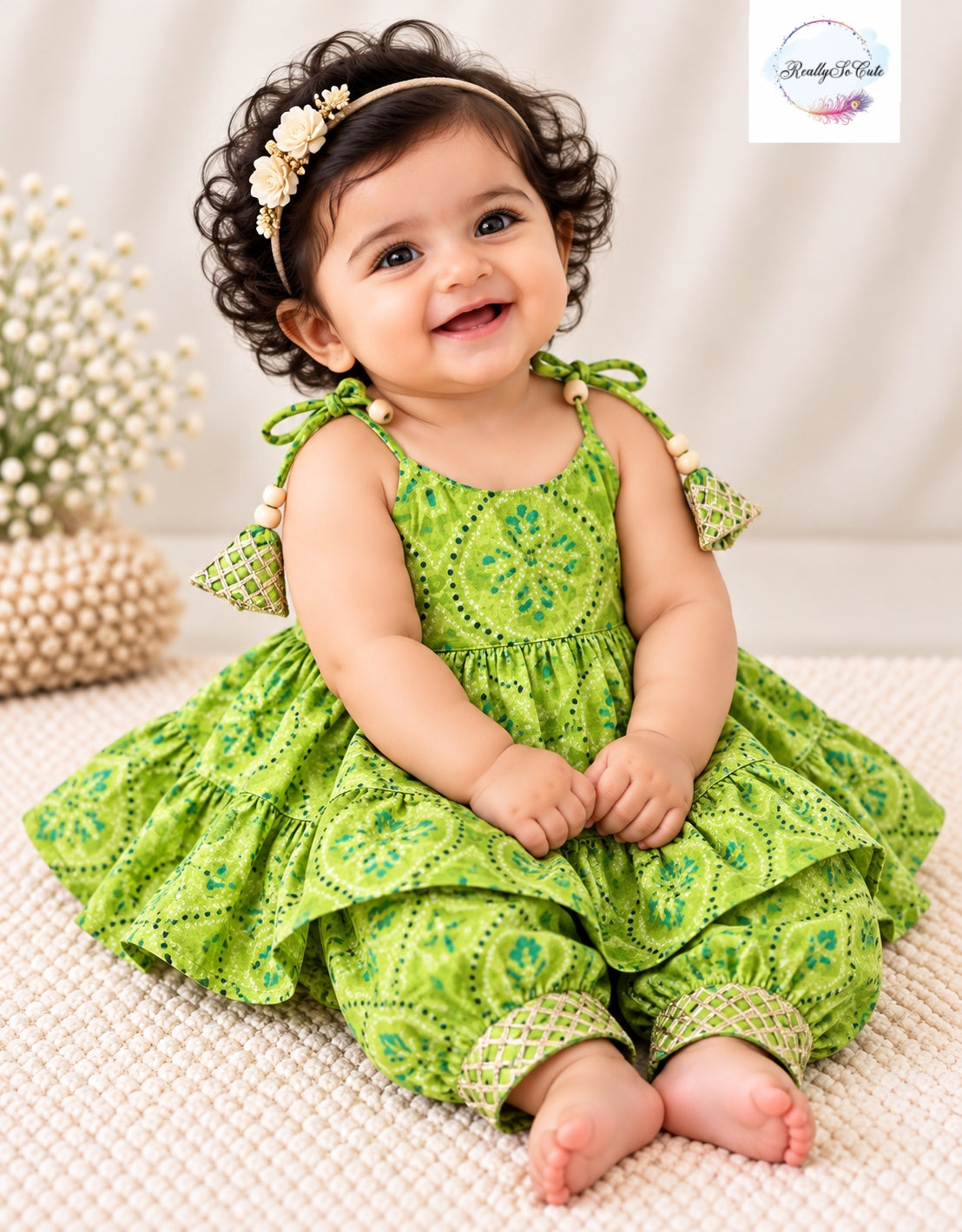 Baby Girls Multicolor green Bandhani Ethnic Wear Sets | 0–6 Months