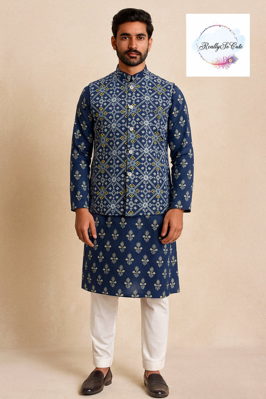 Men's patola print cotton kurta pajama, blue kurta set with jacket.