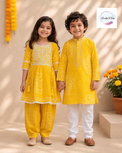Sunshine Yellow Pure Cotton Mirror Work Kurta Pajama Set for Boys