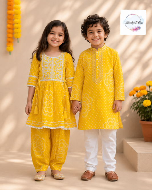 Sunshine Yellow Pure Cotton Mirror Work Kurta Pajama Set for Boys