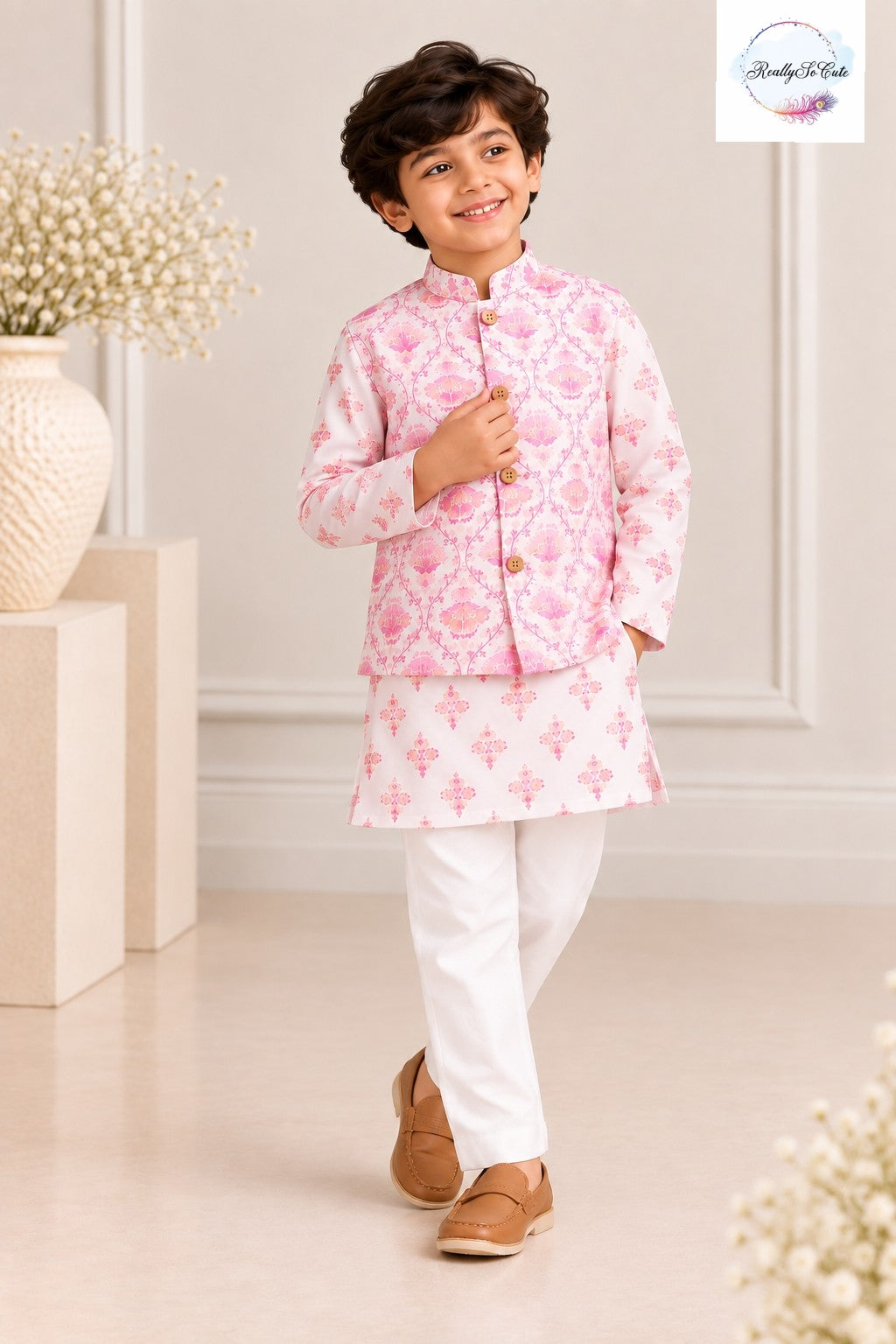 Boys Floral Pure Cotton Kurta Pajama with Nehru Jacket | Kids Ethnic Wear