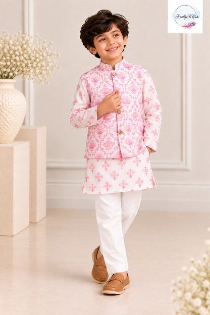 Boys Floral Pure Cotton Kurta Pajama with Nehru Jacket | Kids Ethnic Wear