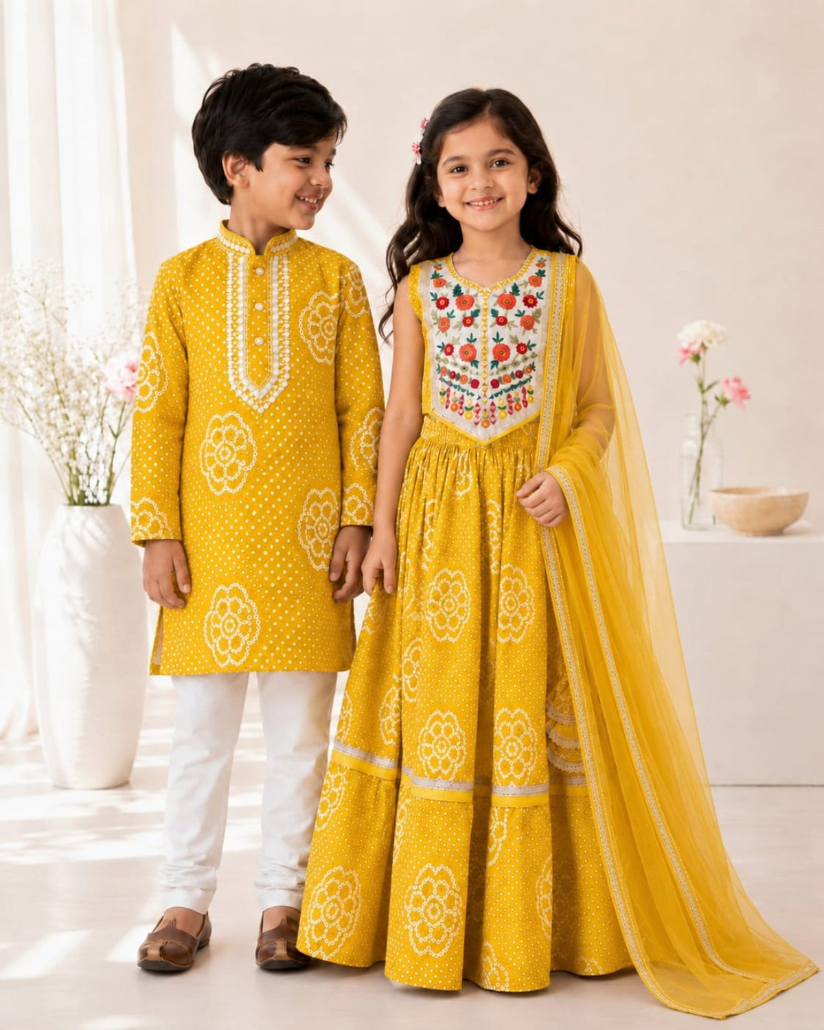 Girls mustard Bandhani Lehenga Choli with Dupatta | Pure Cotton | 6M–15Y