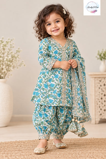 Girls Blue Floral Pure Cotton Kurta & Dhoti Pant Set with Dupatta | 3-Piece Traditional Ethnic Wear