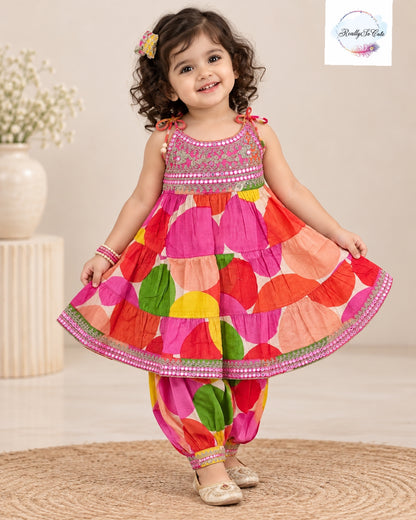 Girls Multicolor Floral Print Pure Cotton Kurti & Pant Set with Mirror Work | 1–5 Years