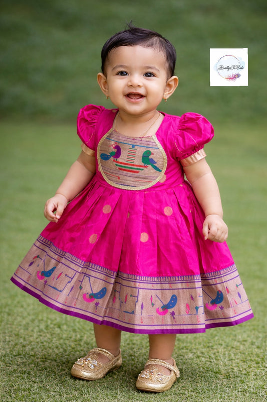 Traditional paithani dresses, baby girls ethnic wear, hot pink Paithani dress