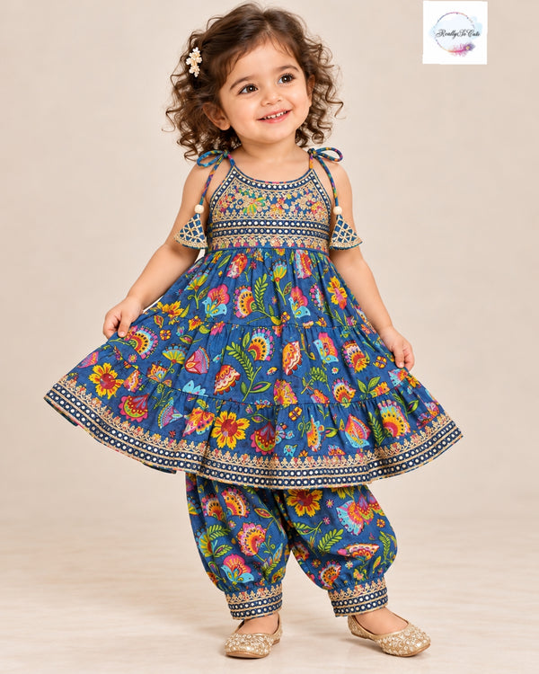 Girls Royal Blue Floral Muslin Cotton Kurti with Afghani Pants Set | Ethnic Wear kids