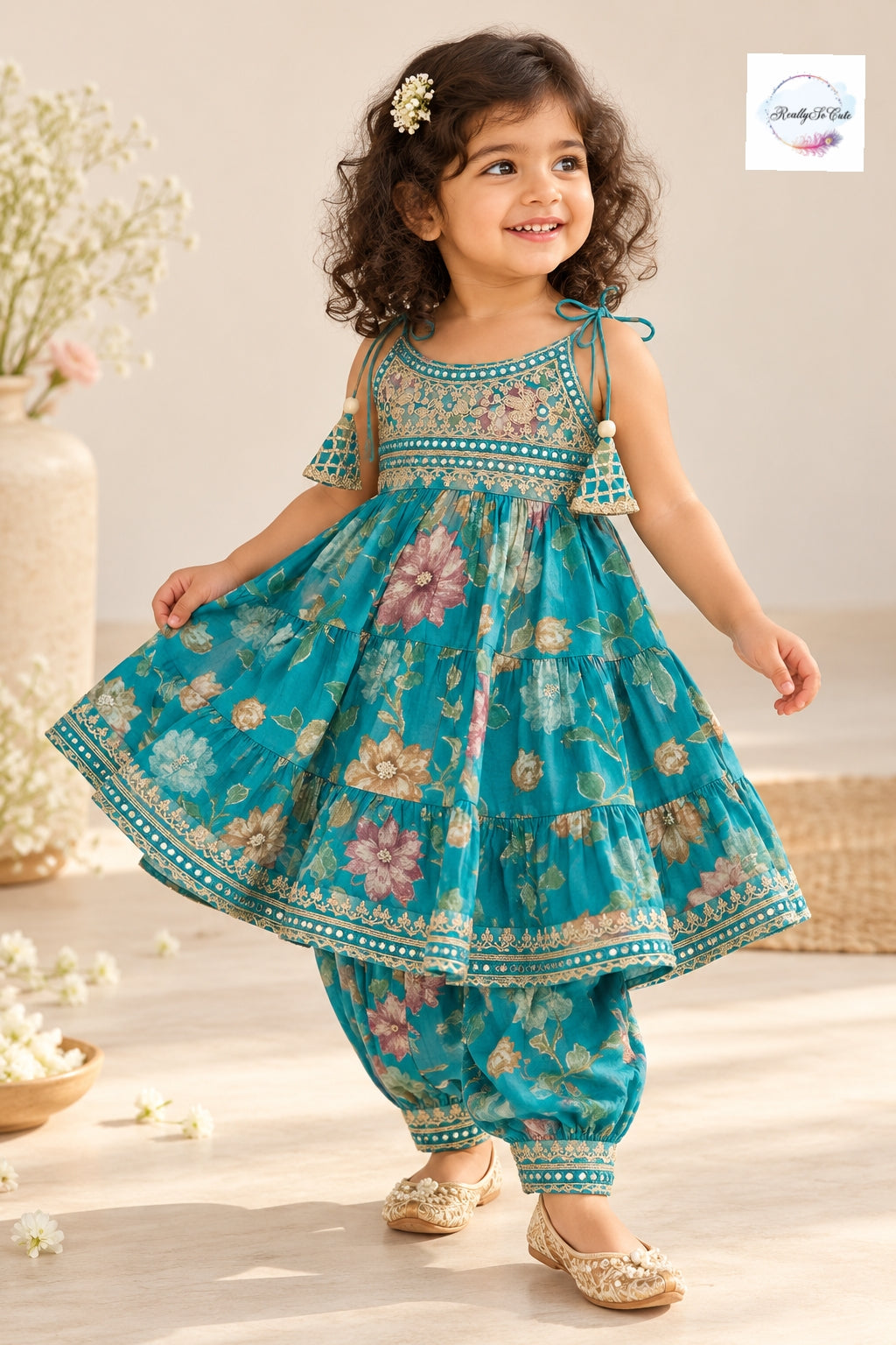 Girls Teal Green Floral Muslin Cotton Kurti with Afghani Pants Set | Ethnic Wear