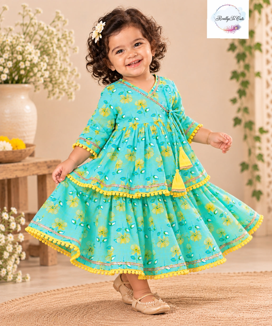 Aqua Floral Pure Cotton Angarakha Dress Set for Girls | 6M–2Y