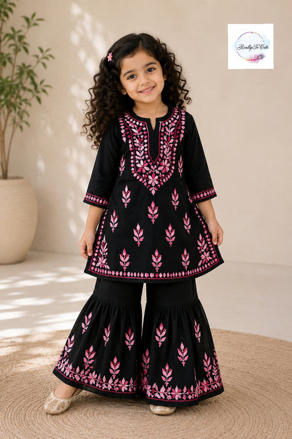 Girls Black & Pink Handwork Chikankari Sharara Set | Soft Cotton