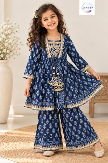 Girls Navy Blue Floral Print 3-Piece Ethnic Sharara Set with Embroidered Jacket