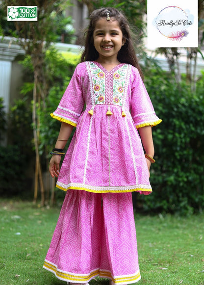 Pink Hand Block Print Cotton Sharara Set for Girls | Pure Cotton Ethnic Wear with Tassel Tie | Sizes 3M–10 Years
