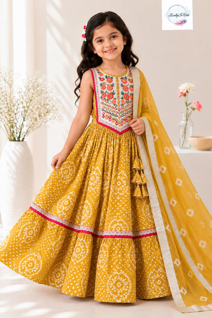 Girls mustard Bandhani Lehenga Choli with Dupatta | Pure Cotton | 6M–15Y