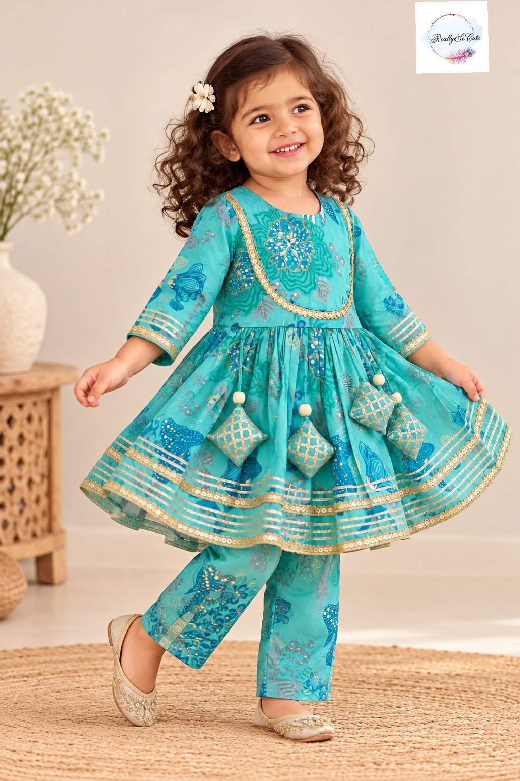 Pretty in blue Floral Peplum Kurti & Pant Set for Girls